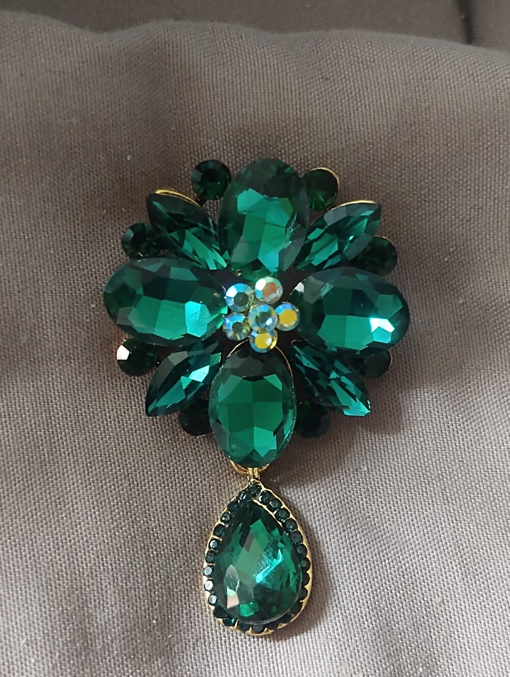 Emerald Green Rhinestone Floral Drop Brooch - Picture 2 of 4